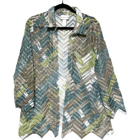 Alfred Dunner Floral Lace Open Front Jacket Size XL Blue Green 3/4 Sleeves - Picture 1 of 7